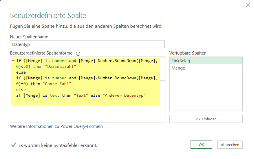 Per Formel wird auf verschiedene Datentypen geprüft, die eventuell von Ganze Zahl abweichen