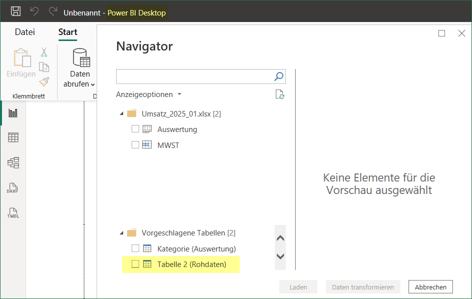 In Power BI Desktop dagegen erhalte ich über den Navigator auch Zugriff auf das ausgeblendete Blatt Rohdaten im Bereich Vorgeschlagene Tabellen