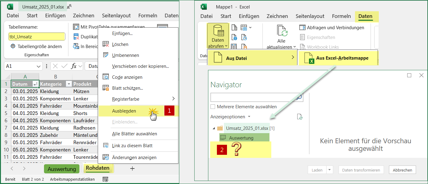 Nach dem Ausblenden wird das Blatt Rohdaten im Navigator von Power Query nicht angezeigt; auch auf die dort enthaltene Tabelle tbl_Umsatz kann nicht zugegriffen werden