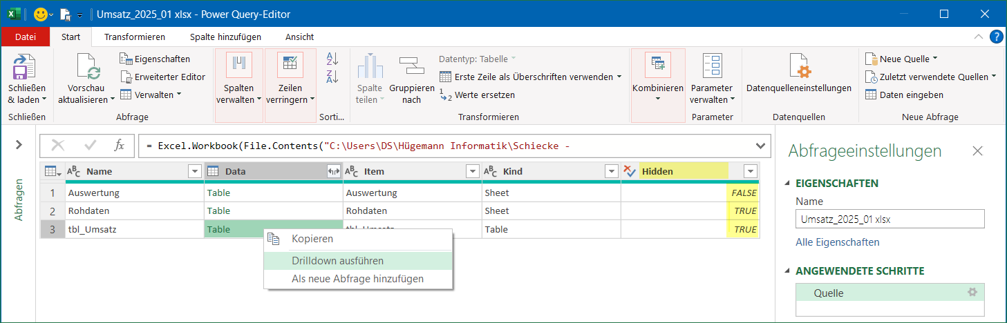 Per Rechtsklick in der Spalte Data der Zeile tbl_Umsatz einen Drilldown auf die Daten ausführen