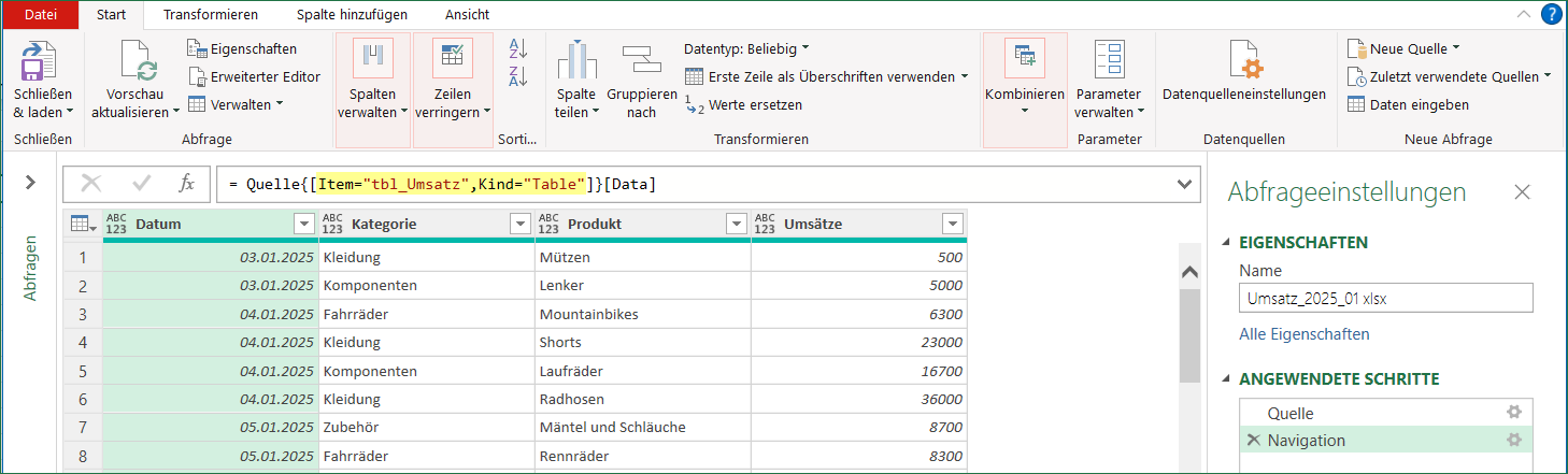 Nach dem Befehl Drilldown ausführen steht die ausgeblendete Tabelle tbl_Umsatz in Power Query zur Weiterverarbeitung zur Verfügung
