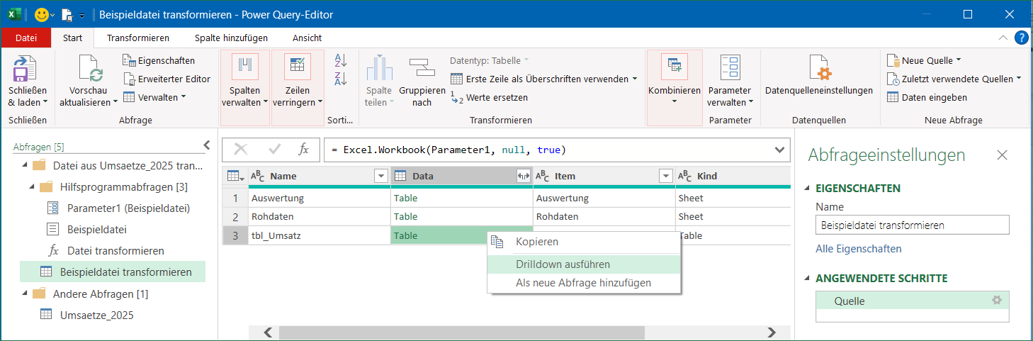 Die Beispieldatei-Abfrage Beispieldatei transformieren wird nachbearbeitet und nur die tbl_Umsatz zur Verarbeitung ausgewählt