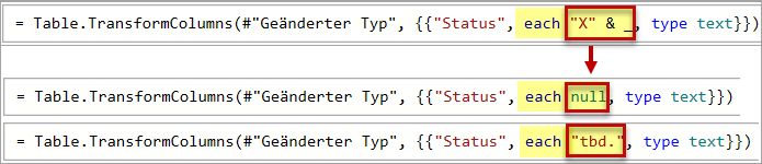 Jeder Wert in der Spalte Status wird mit null (also vollständig geleert) oder dem festen Text "tbd." belegt