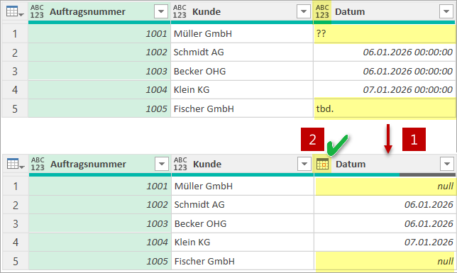 Nicht korrekte Datumsangaben führen zu Fehlern bei der Umwandlung der Spalte in Datumsformat und sollen daher geleert werden
