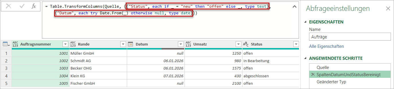 Die Funktion Table.TransformColumns erlaubt eine Liste von Transformationsschritten