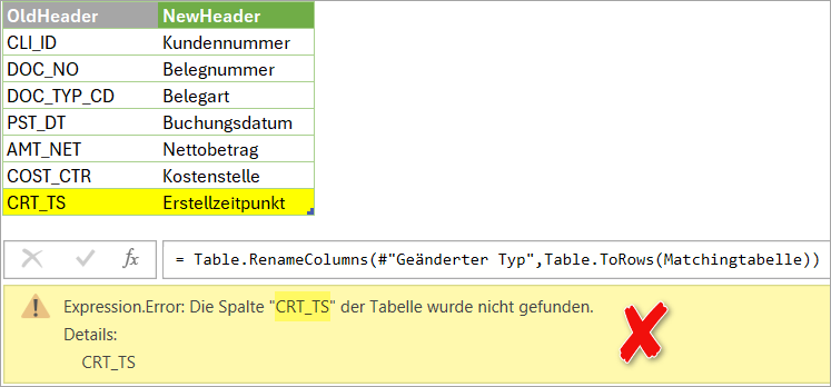 Enthält die Matchingtabelle überflüssige Spaltenüberschrift, die in der Datenquelle nicht vorhanden sind, so führt dies zu einem Fehler.