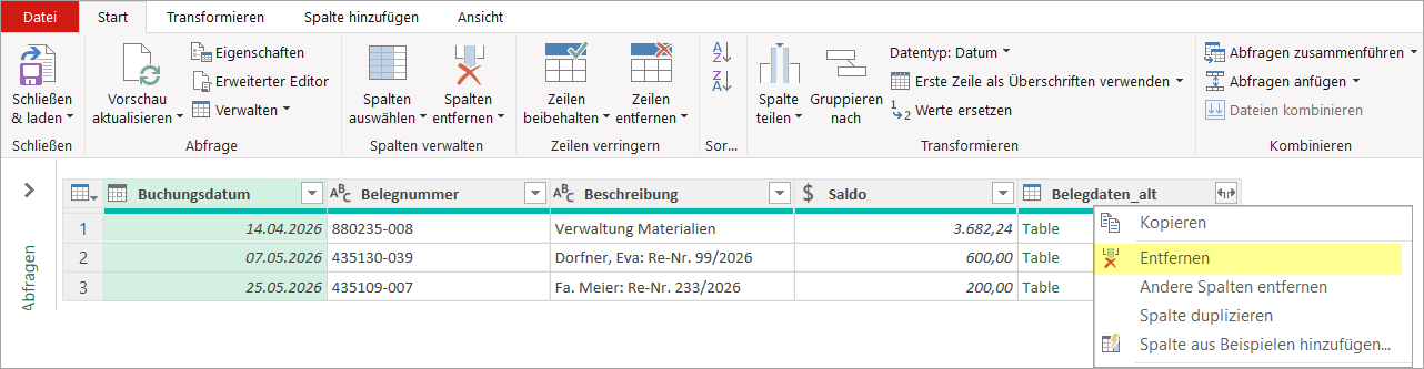 Da die Spalte Belegdaten_alt nicht gebraucht wird, kann sie entfernt werden