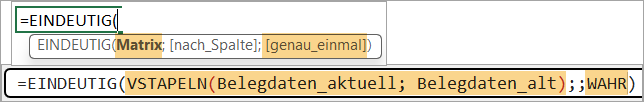 Mit der Funktion EINDEUTIG und dem dritten Argument WAHR bleiben nur die Zeilen erhalten, die in beiden Listen zusammen nur genau einmal vorkommen