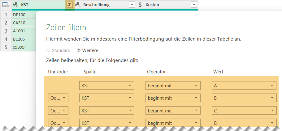 Über den Spaltenkopf ließen sich mit Hilfe vieler Oder-Bedingungen die Kostenstellen herausfiltern, die mit einem Buchstaben beginnen, doch der Aufwand wäre hoch