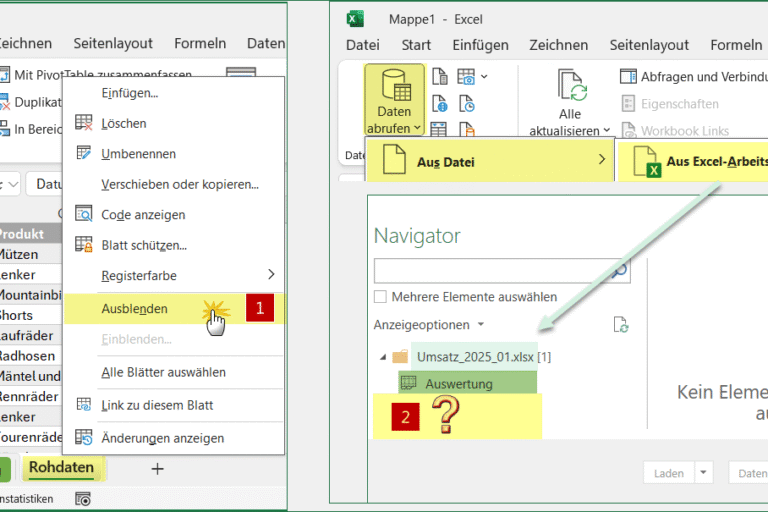 Nach dem Ausblenden wird das Blatt Rohdaten im Navigator von Power Query nicht angezeigt; auch auf die dort enthaltene Tabelle tbl_Umsatz kann nicht zugegriffen werden